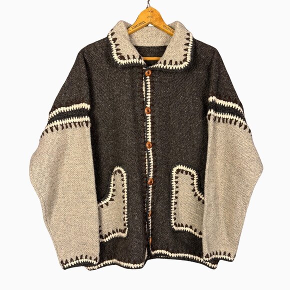 Vintage Mexican Wool Jacket XL - Handwoven Two Tone Gray Button Up Sweater Coat - Picture 1 of 7